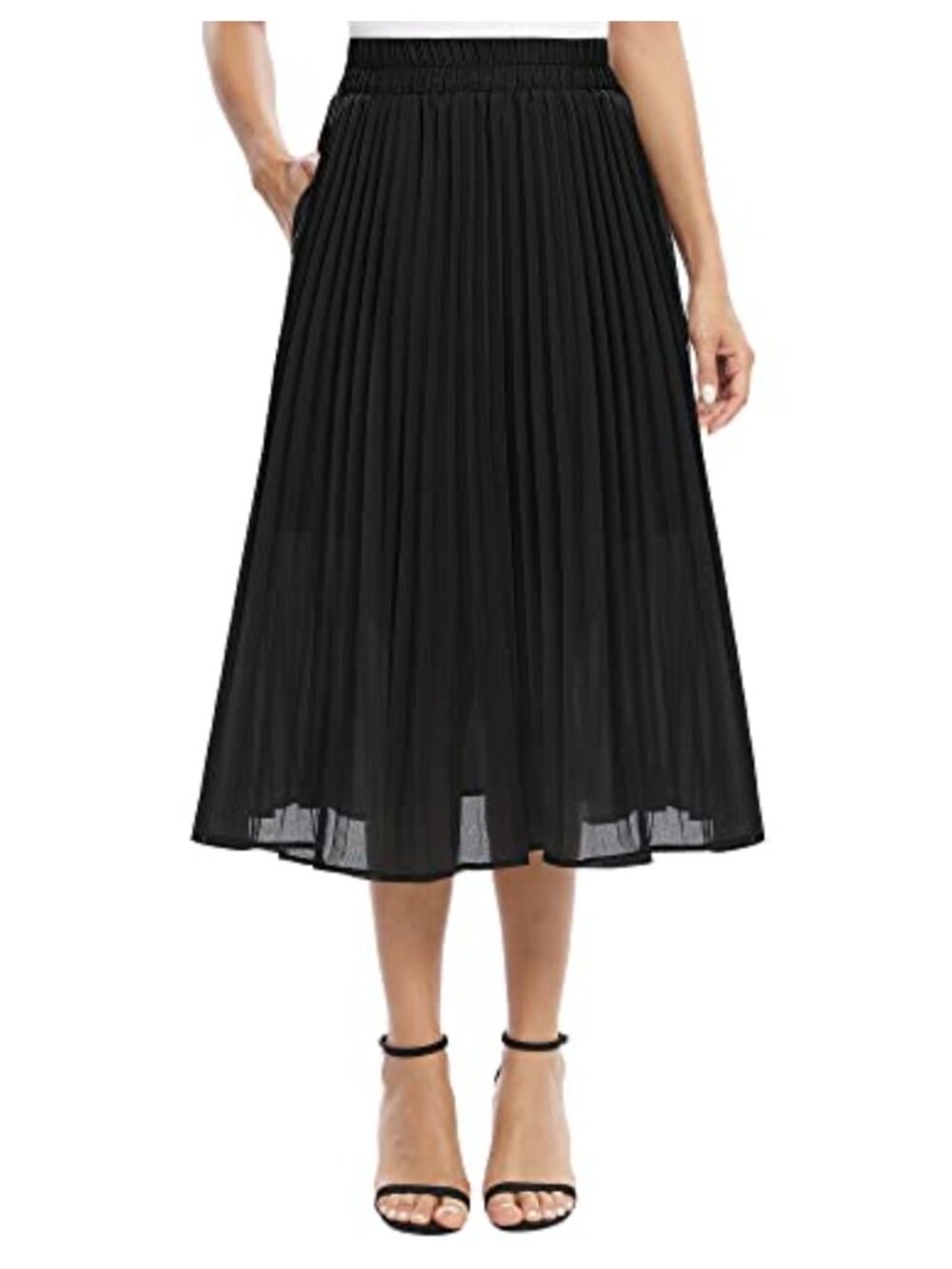 Chiffon Elastic Waist A-Line Pleated Swing Midi Skirt with Pockets